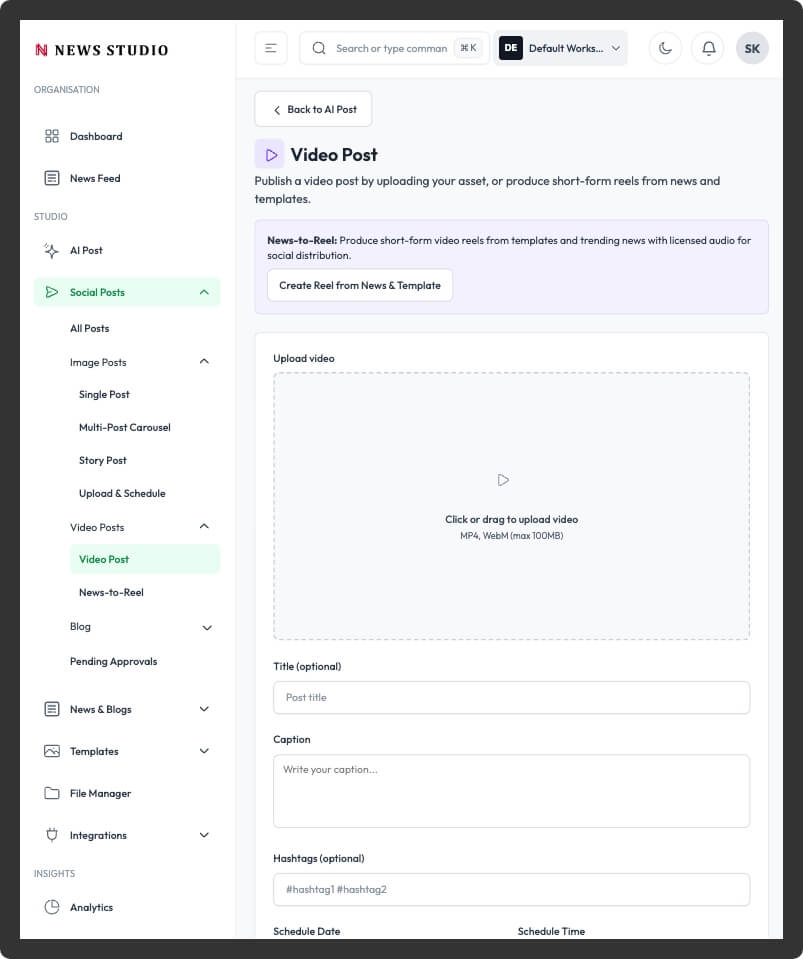 News Studio - Social platform account connections and media integrations